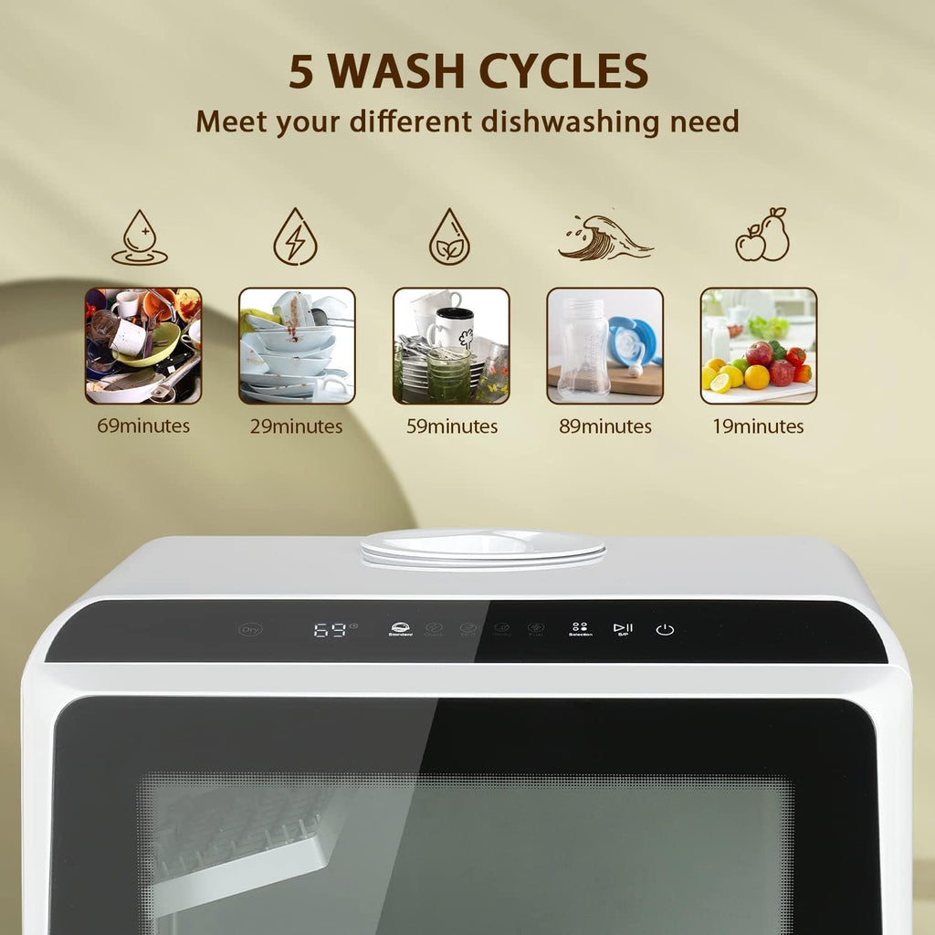 eklipt Table Top Dishwasher – Mini Countertop, 6 Programs, Built-In 5L Water Tank, Touch Control & Drying Cycle